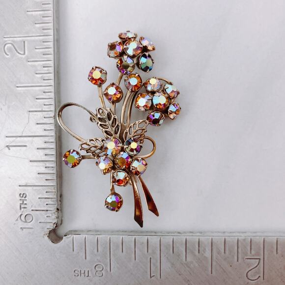 VTG Mid Century Gold Tone Aurora Borealis Rhinestone Floral Brooch Pin 50s 60s - Picture 8 of 9